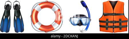 3d realistic vector collection of sea equipment for swimming, snorkeling. Life vest, mask. Isolated on white background. Stock Vector