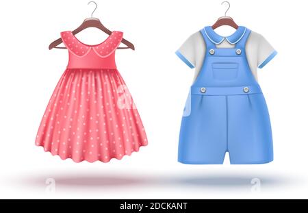3d realistic vector set of baby girl and baby boy clothes on a hanger. Pink dress and blue romper. Isolated on white background. Stock Vector