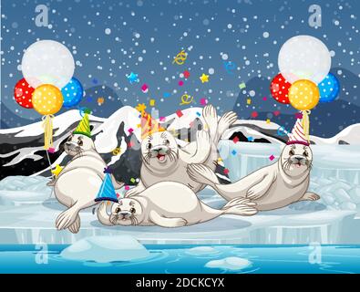 Seal group in party theme cartoon character on antarctica background illustration Stock Vector