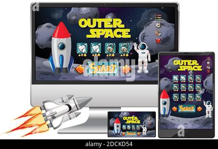 Outer space mission game on diffrent electronic screens illustration Stock Vector