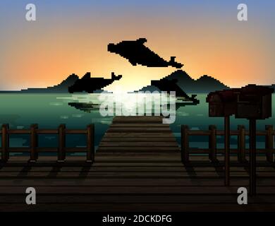 Dolphin in nature scene silhouette illustration Stock Vector