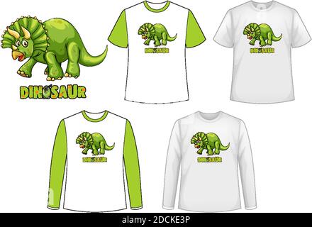 Set of different types of shirt in dinosaur theme with dinosaur logo illustration Stock Vector