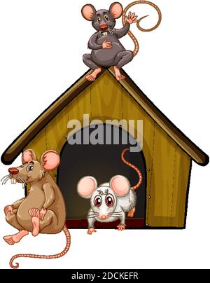 Group of cute mouses with little house isolated on white background illustration Stock Vector