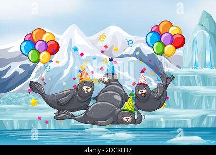 Penguins group in party theme cartoon character on antarctic background illustration Stock Vector