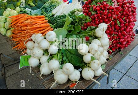 Farmer's market on the Muensterplatz, sales stand with vegetables, radish, radishes, carrots, Ulm, Baden-Wuerttemberg, Germany Stock Photo
