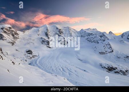 Winter mountain panorama on the Diavolezza in the evening, view of the Bernina Group, Piz Palue, Bellavista, Piz Bernina, Persgletscher, Engadin Stock Photo