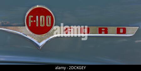 Nameplate Ford F 100 Pickup, V8, vintage car, historical vehicle from 1956, Germany Stock Photo