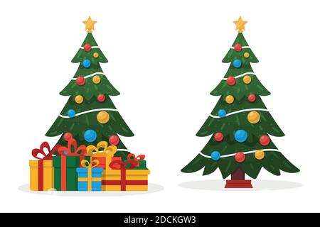 Decorated Christmas tree and gifts. Merry Christmas and Happy New Year flat vector illustration isolated on white background. Stock Vector