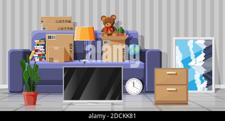 Moving to new house. Family relocated to new home. Sofa with paper cardboard boxes with various household items. Package for transportation. Home interior. Vector illustration in flat style Stock Vector