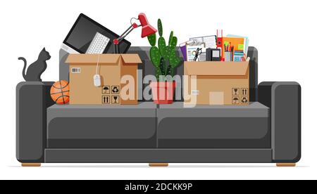 Moving to new house. Family relocated to new home. Sofa with paper cardboard boxes with various household items. Package for transportation. Computer, lamp. Vector illustration in flat style Stock Vector