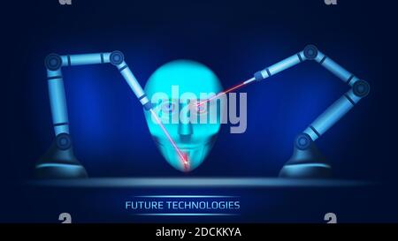 A futuristic concept of artificial intelligence where two mechanical manipulators create cybernetic head of robot with lasers. Cyborg face. Vector. Stock Vector
