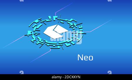 Neo isometric token symbol in digital circle on blue background. Cryptocurrency icon. Vector illustration for website or banner. Stock Vector
