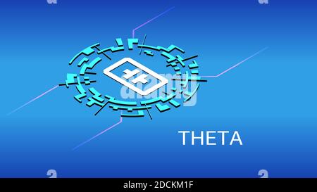 Theta isometric token symbol in digital circle on blue background. Cryptocurrency icon. Vector illustration for website or banner. Stock Vector