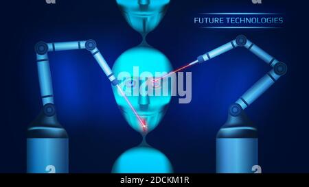 A futuristic concept of creating artificial intelligence on a conveyor belt. Two mechanical manipulators create cybernetic robot heads with lasers. Stock Vector