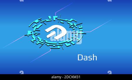 Dash isometric token symbol in digital circle on blue background. Cryptocurrency icon. Vector illustration for website or banner. Stock Vector