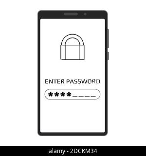 Enter password concept in mobile phone screen isolated on white. Smartphone with a password field and asterisks. Vector illustration. Stock Vector