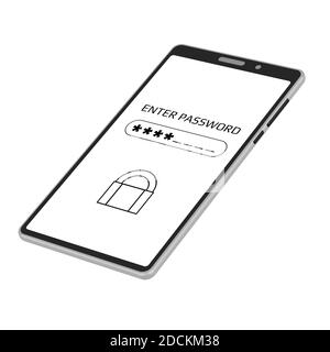 Enter password concept on mobile phone screen in isometric projection isolated on white. Smartphone with a password field and asterisks. Vector. Stock Vector
