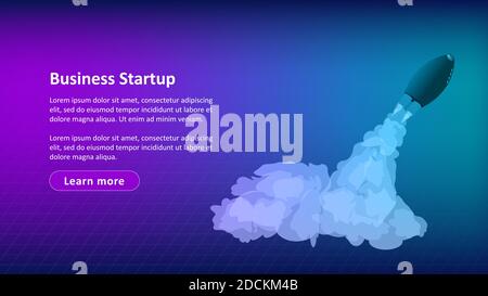 Business startup website template header with launching rocket. Launch of the project. Web banner for landing page. Vector illustration. Stock Vector