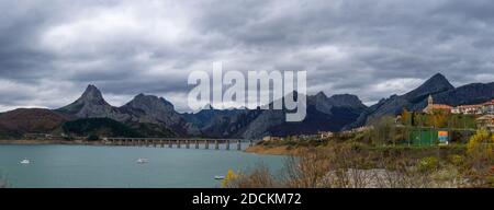 A panorama view of reservoir and mountain landscape in northern Spain in Riaño Stock Photo