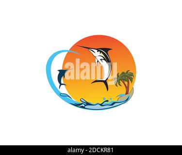 Marlin fish flying on the sea and beach design illustration vector eps format , suitable for your design needs, logo, illustration, animation, etc. Stock Vector