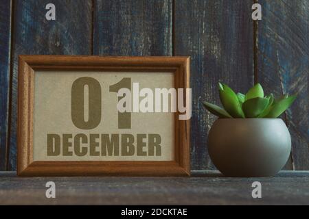 december 1st. Day 1 of month,  date in frame next to succulent on wooden background winter month, day of the year concept. Stock Photo