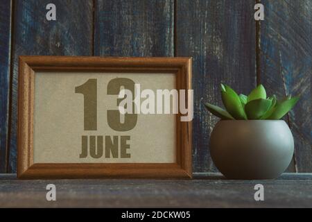 june 13th. Day 13 of month,  date in frame next to succulent on wooden background summer month, day of the year concept. Stock Photo