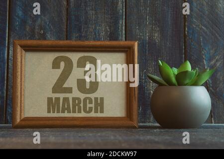 march 23rd. Day 23 of month, date in frame next to succulent on wooden background spring month, day of the year concept Stock Photo