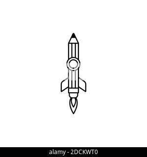 Outline pencil rocket ship with fire. Isolated on white. Flat line icon. Vector illustration with flying pencil. Creativity sign. Creative idea symbol Stock Vector
