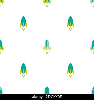 Seamless pattern with rocket ship silhouette on white background. Flat ornament. Vector illustration with flying rocket. Space travel, fantasy. Creati Stock Vector