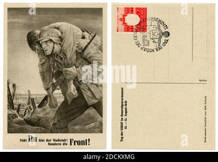 German historical postcard: 'Kameraden'. The soldier on the front line carries a wounded comrade. Artist Will Tschech, 1943, Germany, Third Reich Stock Photo