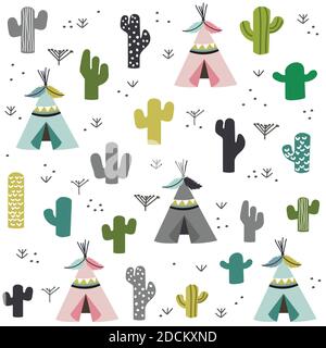 Hand drawn tent and cactus pattern Stock Vector