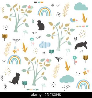 Cats vector and spring pattern vector illustration Stock Vector