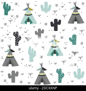 Hand drawn tent and cactus pattern Stock Vector