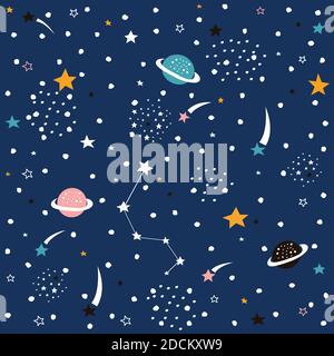 Hand drawn space galaxy vector seamless pattern. Stock Vector