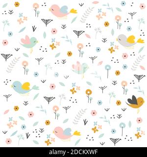 Birds and flowers, spring background Stock Vector