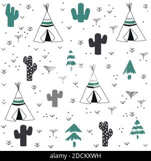 Hand drawn tent and cactus pattern Stock Vector