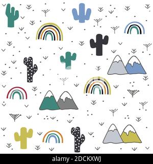 Hand drawn, cactus, mountain, rainbow pattern Stock Vector
