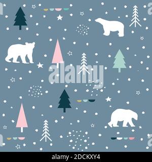 Polar bear, mountain and forest seamless pattern background. Winter pattern. Stock Vector