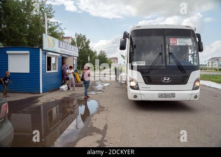 The intercity bus leaves from the central bus station in Sharpovo, Krasnoyarsk Territory. Russia
