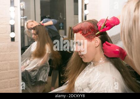Female hairdresser paints a girl’s hair with a brush, in front of a mirror in the hairdresser’s salon. Stock Photo