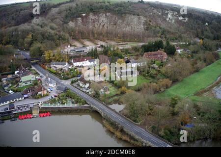 Amberley view from the air with the famous Chalk Pit and Museum in the background. Stock Photo