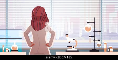 rear view female doctor in uniform looking forward through glass window medicine healthcare concept modern hospital lab interior horizontal portrait vector illustration Stock Vector