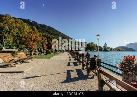 Embankment of St. Wolfgang,Austria. View of small market town on the banks of the lake Wolfgangsee,Salzkammergut region.Austrian cultural tourist Stock Photo