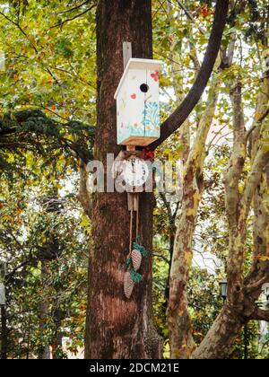Russia, Tuapse 15.11.2020. White decorative birdhouse with drawings decorated with a clock and pine cones hanging on a tree trunk Stock Photo