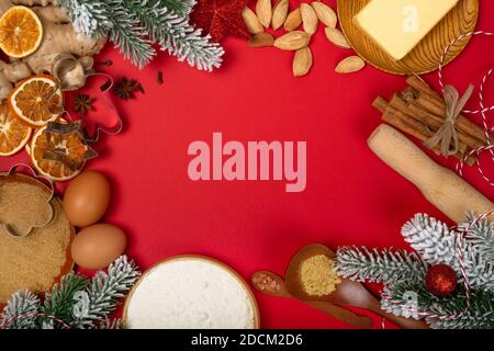 Christmas food background frame.Culinary background for a Christmas baking  recipe, cookie molds, ingredients, spices, top view, flat lay, copy space  Stock Photo