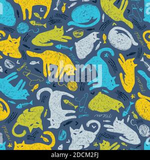 Vector blue colourful mystery cat pen sketch seamless pattern. Perfect for fabric, scrapbooking and wallpaper projects. Stock Vector