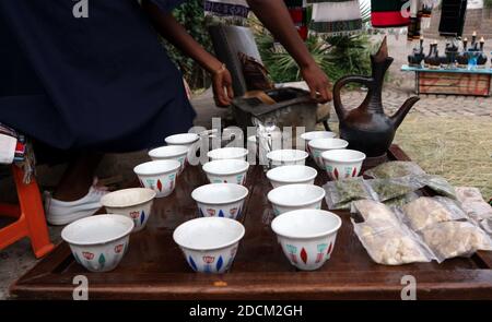 Traditional Ethiopian coffee cups with clay coffee pot Stock Photo