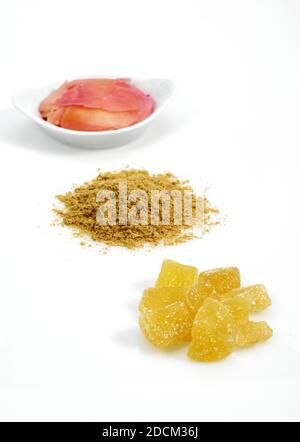 GINGER zingiber officinale, POWDER, MARINATED AND CRYSTALLIZED Stock Photo