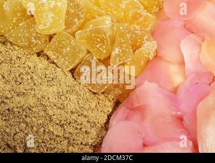 GINGER zingiber officinale, POWDER, MARINATED AND CRYSTALLIZED Stock Photo