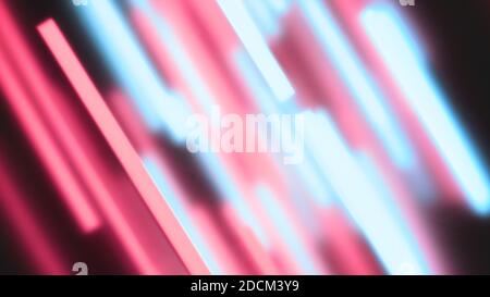 Abstract colorful background. Diagonal oriented red and cyan light bars. Defocused light lines. Stock Photo